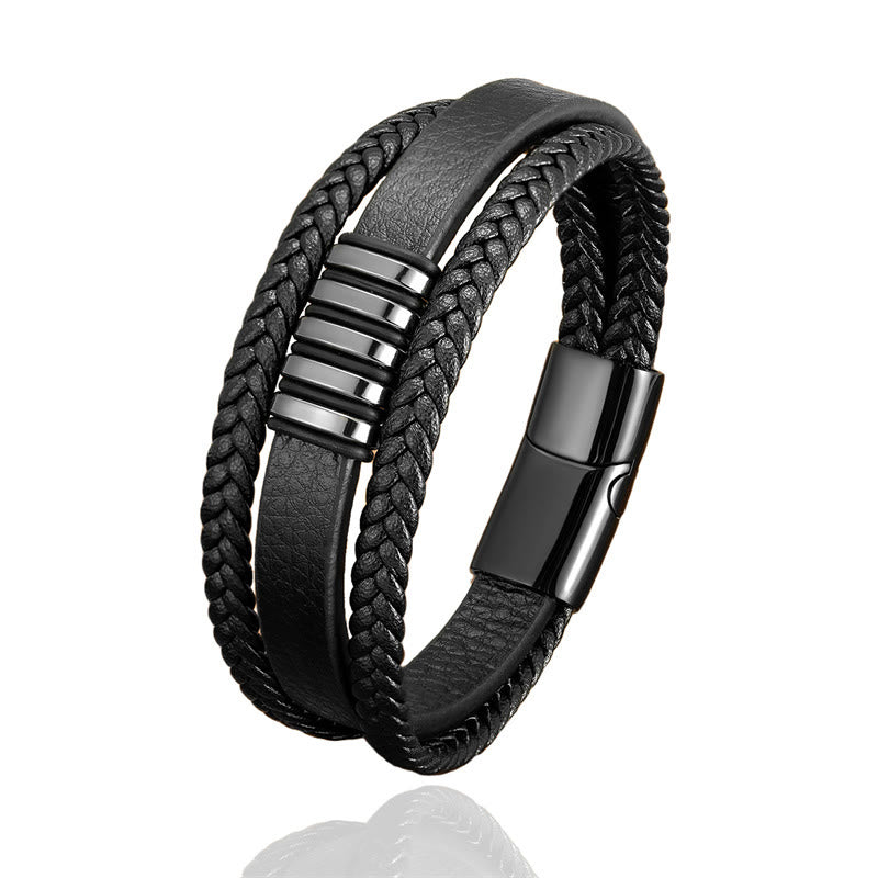 Bracciale con fibbia in acciaio al titanio e corda in pelle multistrato Buddha Stones