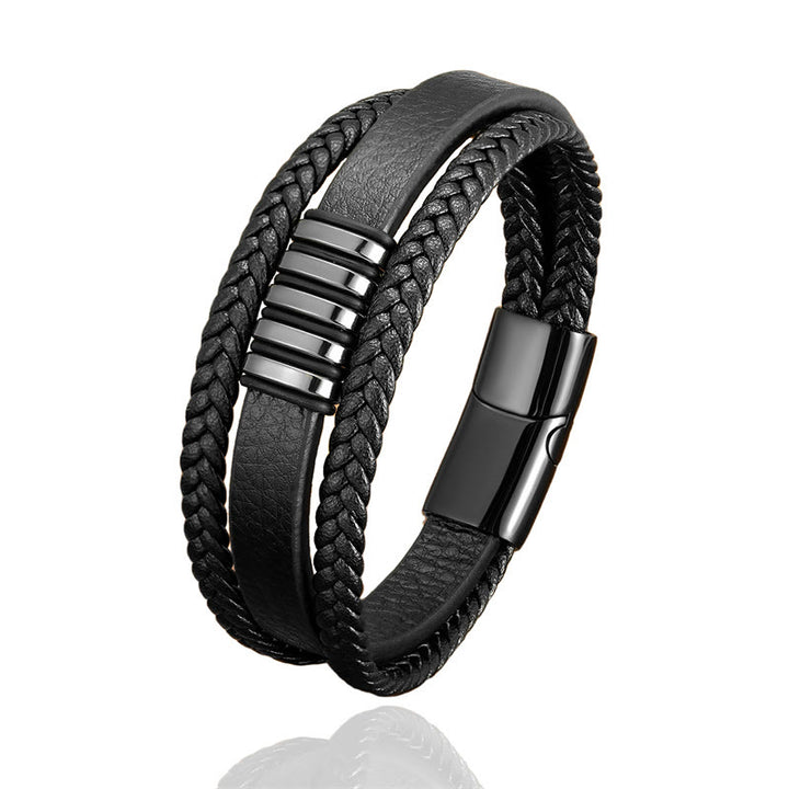 Bracciale con fibbia in acciaio al titanio e corda in pelle multistrato Buddha Stones