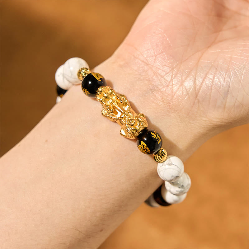 Braccialetto di benedizione con perline Pixiu in onice nero e turchese bianco vintage Buddha Stones