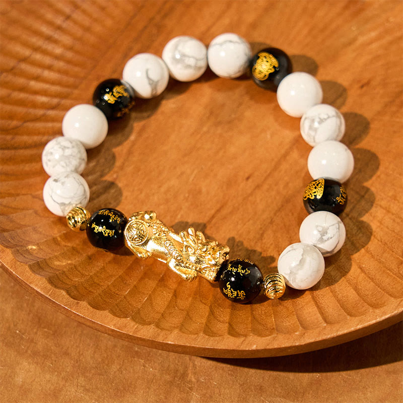Braccialetto di benedizione con perline Pixiu in onice nero e turchese bianco vintage Buddha Stones