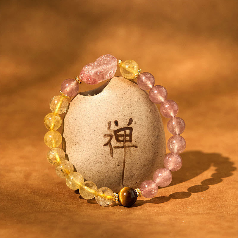 Braccialetto di guarigione con perle di quarzo rutilato Pixiu, Buddha Stones e quarzo fragola
