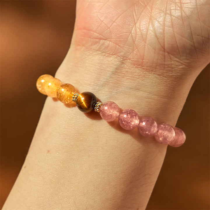 Braccialetto di guarigione con perle di quarzo rutilato Pixiu, Buddha Stones e quarzo fragola