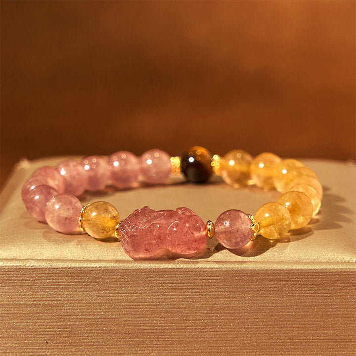 Braccialetto di guarigione con perle di quarzo rutilato Pixiu, Buddha Stones e quarzo fragola