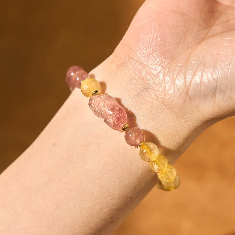 Braccialetto di guarigione con perle di quarzo rutilato Pixiu, Buddha Stones e quarzo fragola