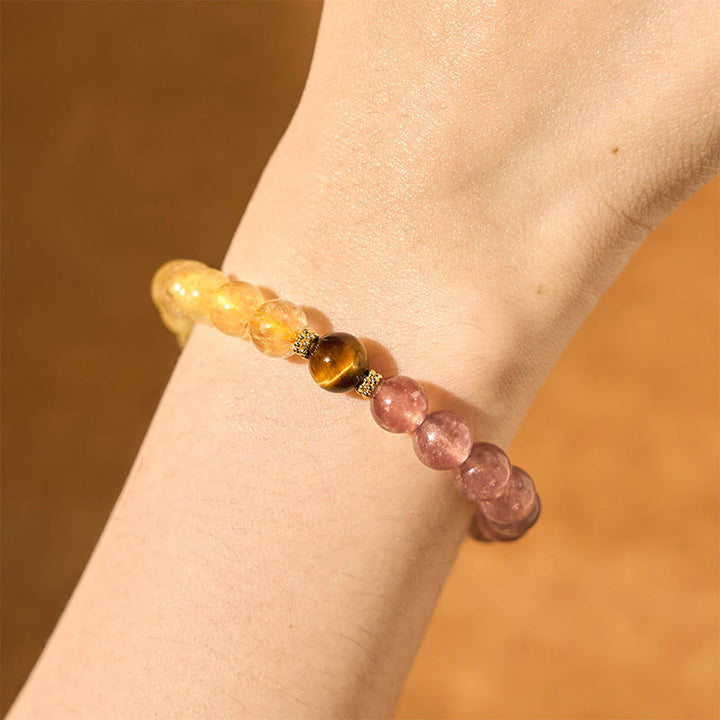 Braccialetto di guarigione con perle di quarzo rutilato Pixiu, Buddha Stones e quarzo fragola