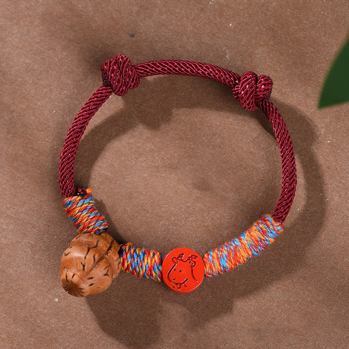 Braccialetto della fortuna fatto a mano con Buddha Stones, zodiaco cinese, filo rosso, nocciolo di pesca, cinabro