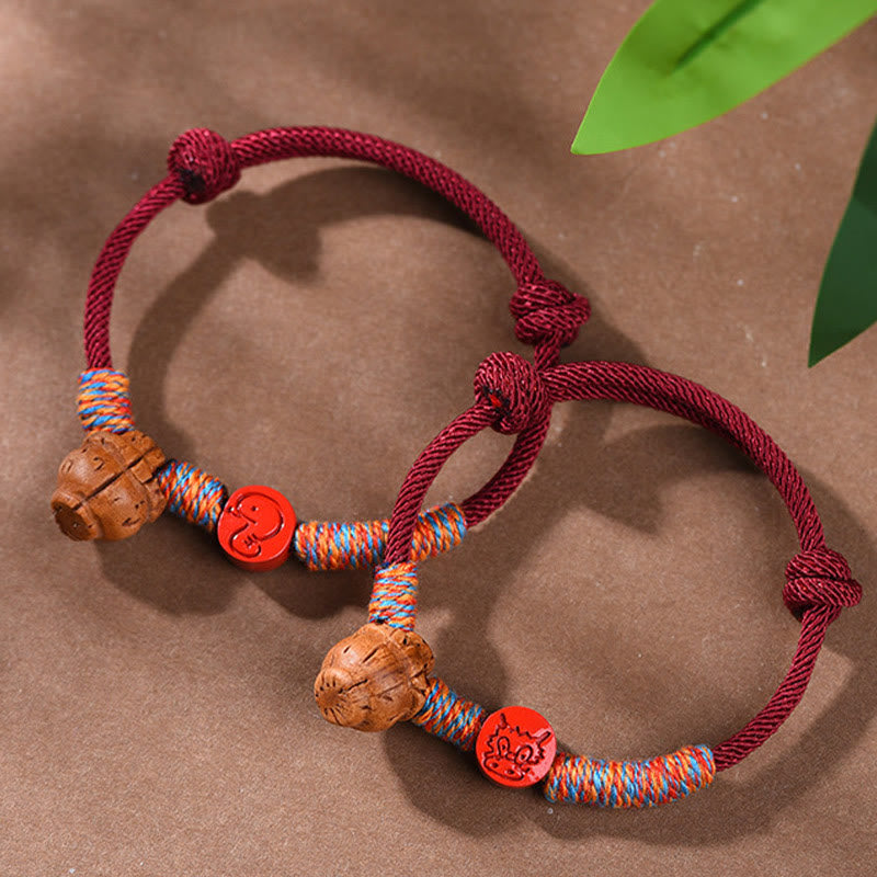 Braccialetto della fortuna fatto a mano con Buddha Stones, zodiaco cinese, filo rosso, nocciolo di pesca, cinabro