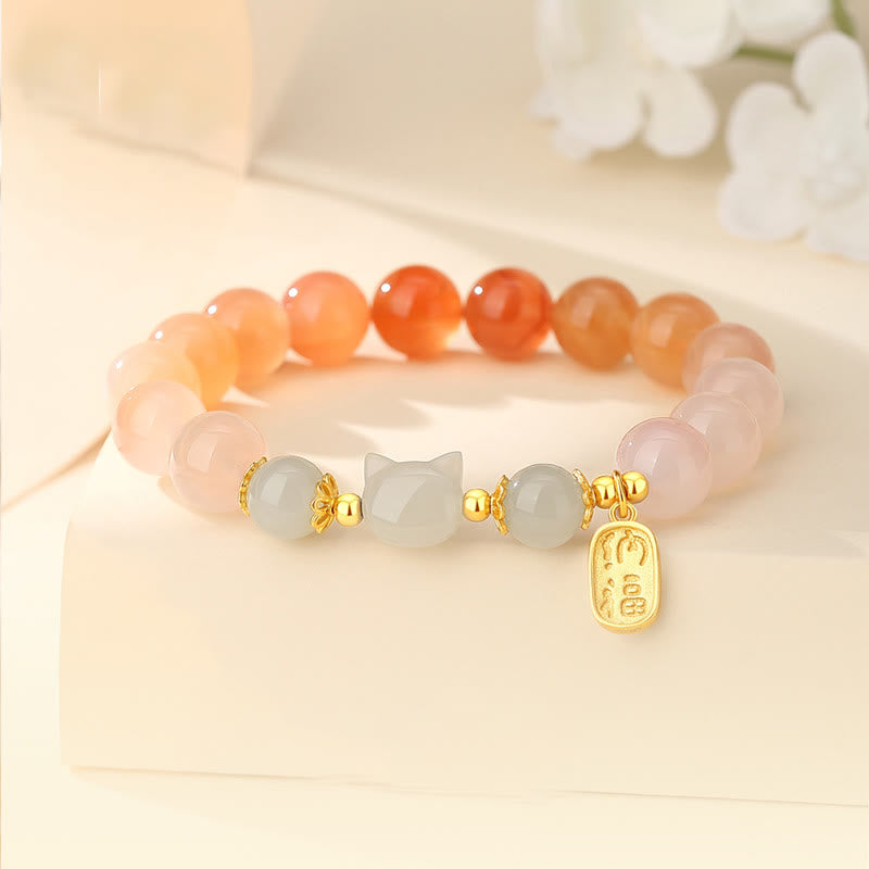 Braccialetto di fiducia in argento sterling 925 con agata rossa e giada Hetian, carattere Cat Fu, Buddha Stones - Agata rossa (circonferenza del polso: 15-17 cm) - image 0