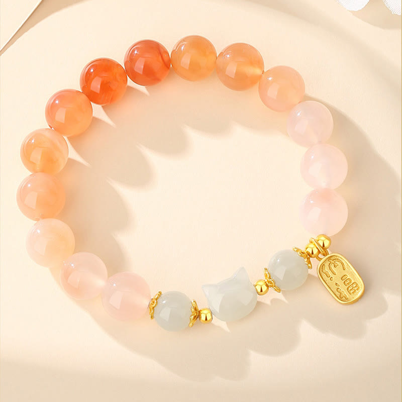 Braccialetto di fiducia in argento sterling 925 con agata rossa e giada Hetian, carattere Cat Fu, Buddha Stones - image 1