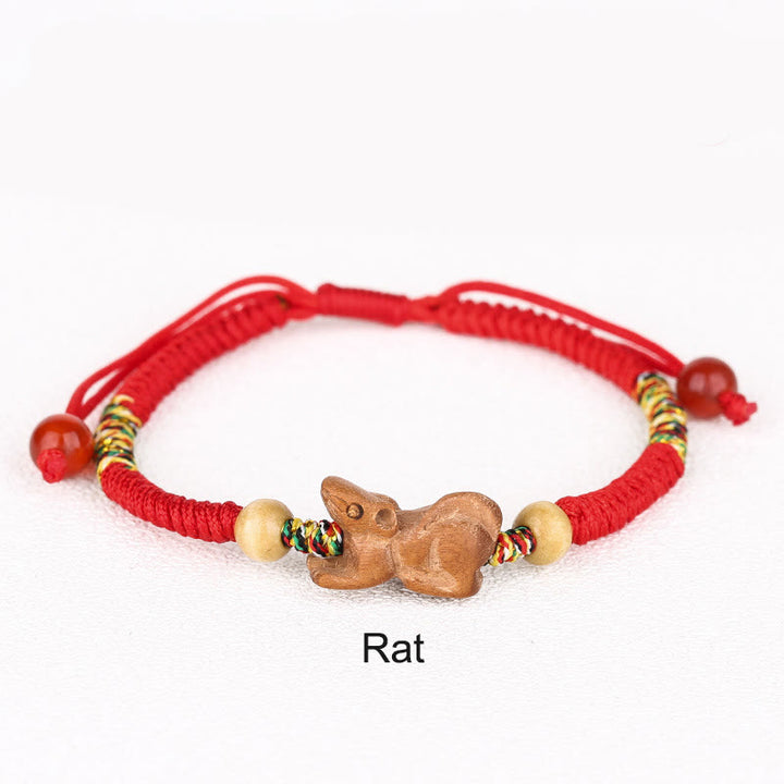 Braccialetto portafortuna in legno di pesca con corda rossa, fatto a mano, con zodiaco cinese di Buddha Stones
