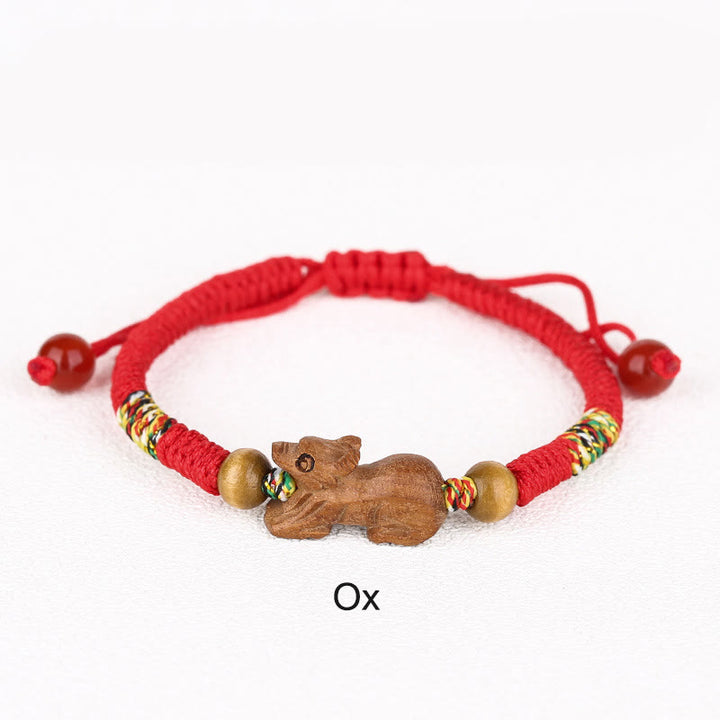 Braccialetto portafortuna in legno di pesca con corda rossa, fatto a mano, con zodiaco cinese di Buddha Stones