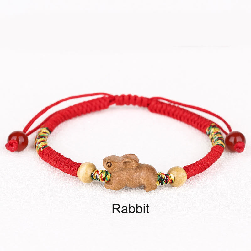 Braccialetto portafortuna in legno di pesca con corda rossa, fatto a mano, con zodiaco cinese di Buddha Stones