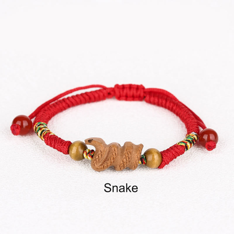 Braccialetto portafortuna in legno di pesca con corda rossa, fatto a mano, con zodiaco cinese di Buddha Stones