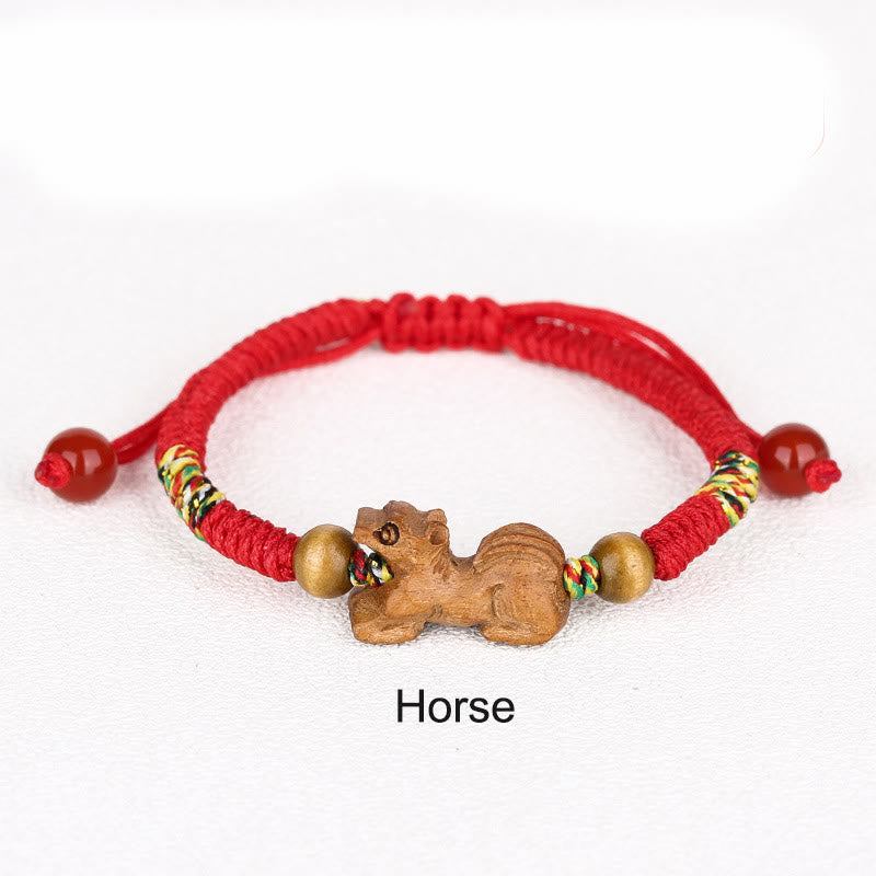 Braccialetto portafortuna in legno di pesca con corda rossa, fatto a mano, con zodiaco cinese di Buddha Stones