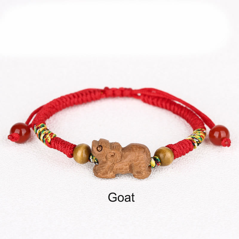 Braccialetto portafortuna in legno di pesca con corda rossa, fatto a mano, con zodiaco cinese di Buddha Stones