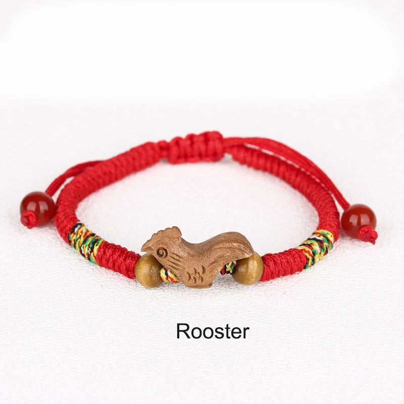 Braccialetto portafortuna in legno di pesca con corda rossa, fatto a mano, con zodiaco cinese di Buddha Stones