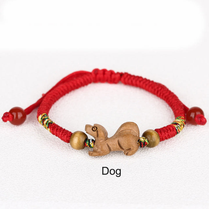 Braccialetto portafortuna in legno di pesca con corda rossa, fatto a mano, con zodiaco cinese di Buddha Stones