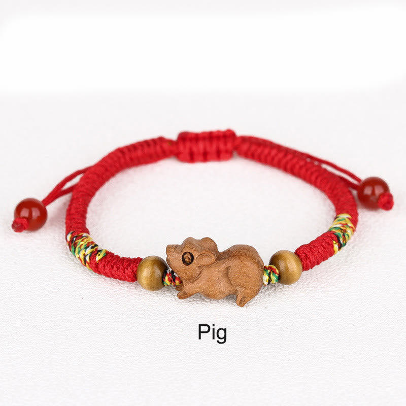 Braccialetto portafortuna in legno di pesca con corda rossa, fatto a mano, con zodiaco cinese di Buddha Stones