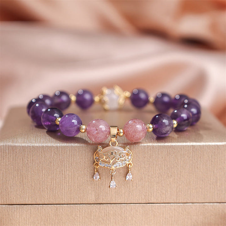 Braccialetto positivo con ciondolo a forma di lucchetto della pace, in quarzo fragola, ametista naturale , Buddha Stones