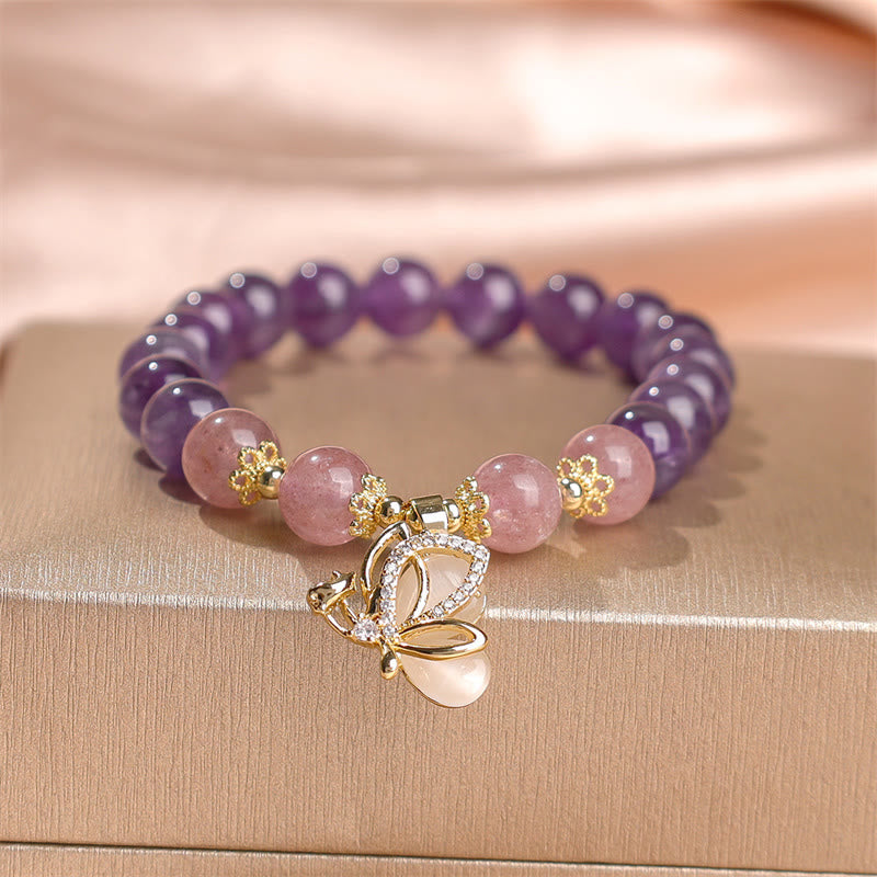 Braccialetto con ciondolo a farfalla in cristallo di quarzo fragola e ametista naturale Buddha Stones