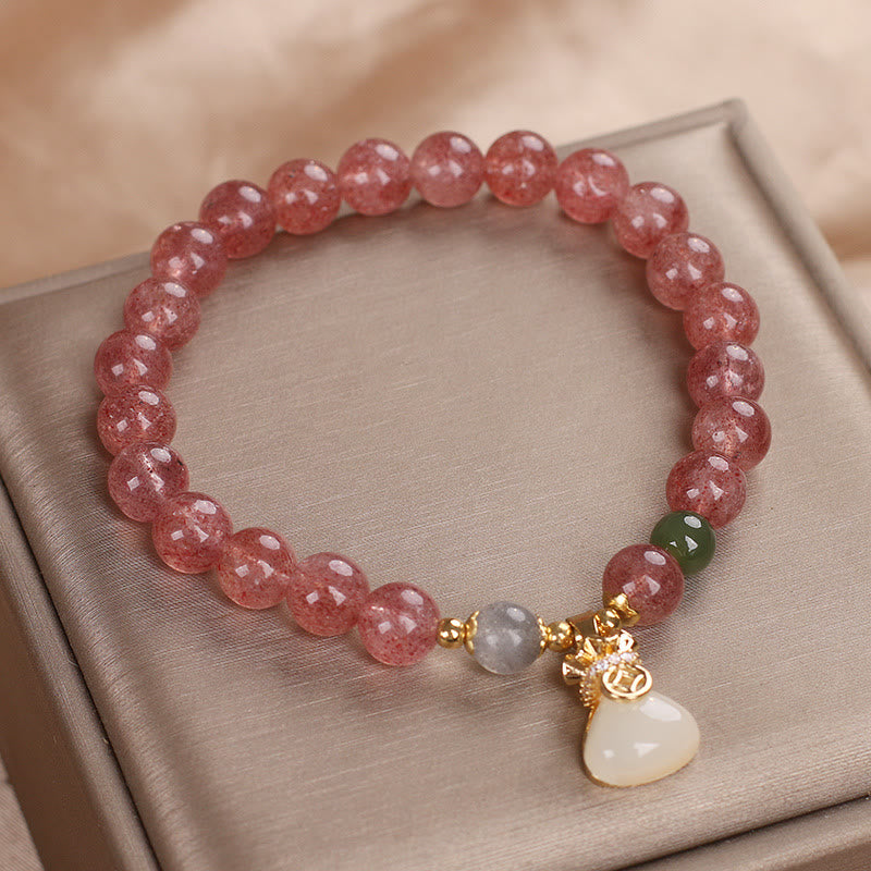 Braccialetto positivo con ciondolo a forma di sacco di soldi in quarzo fragola naturale Buddha Stones