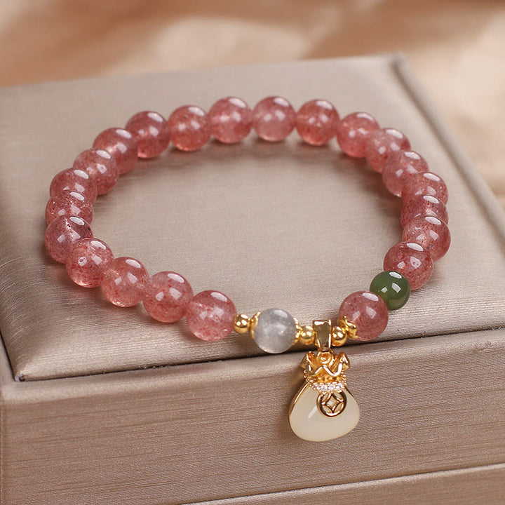 Braccialetto positivo con ciondolo a forma di sacco di soldi in quarzo fragola naturale Buddha Stones