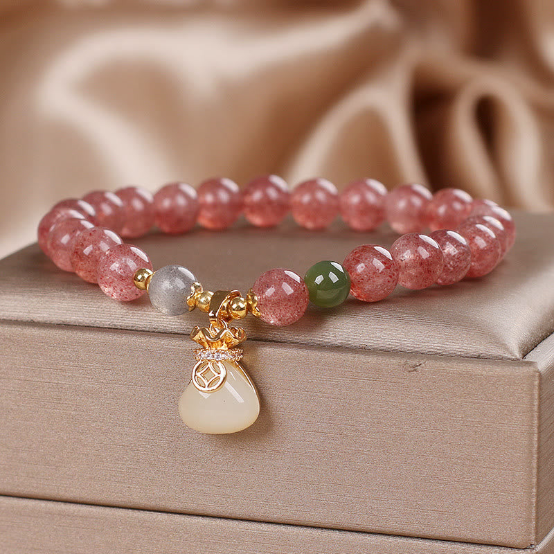 Braccialetto positivo con ciondolo a forma di sacco di soldi in quarzo fragola naturale Buddha Stones