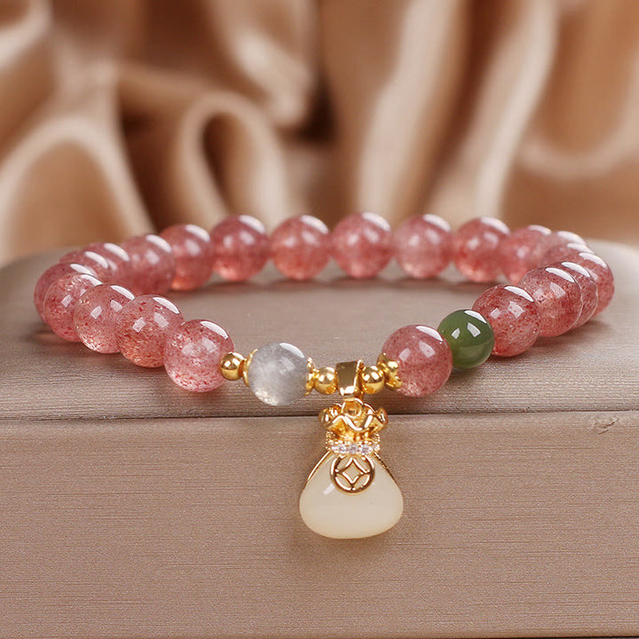 Braccialetto positivo con ciondolo a forma di sacco di soldi in quarzo fragola naturale Buddha Stones