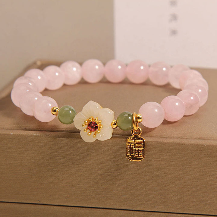 Buddha Stones Quarzo rosa Fiore di pesco Giada Hetian Fu Carattere Relazioni Braccialetto curativo