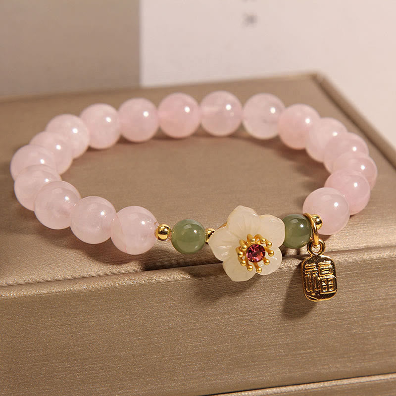 Buddha Stones Quarzo rosa Fiore di pesco Giada Hetian Fu Carattere Relazioni Braccialetto curativo