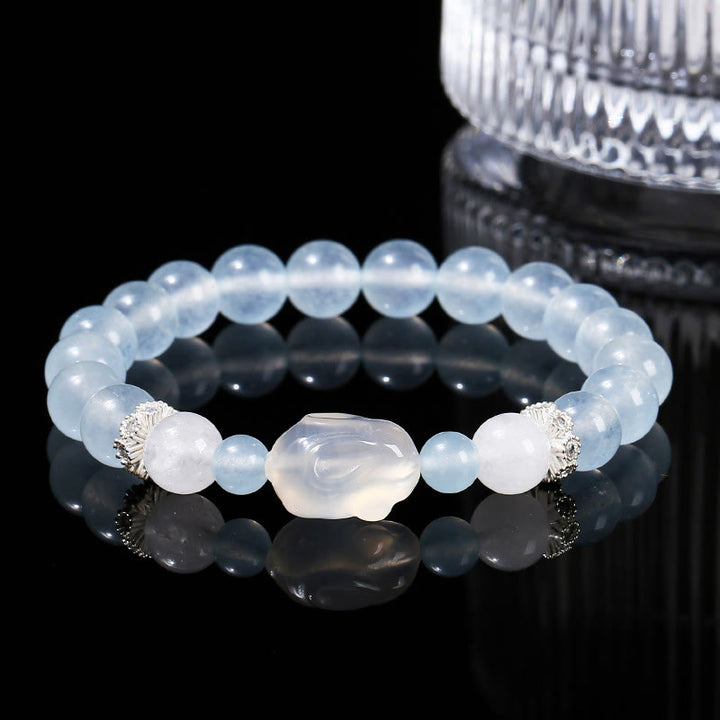 Bracciale Buddha Stones Calcedonio blu Agata bianca Coniglio Equilibrio emotivo