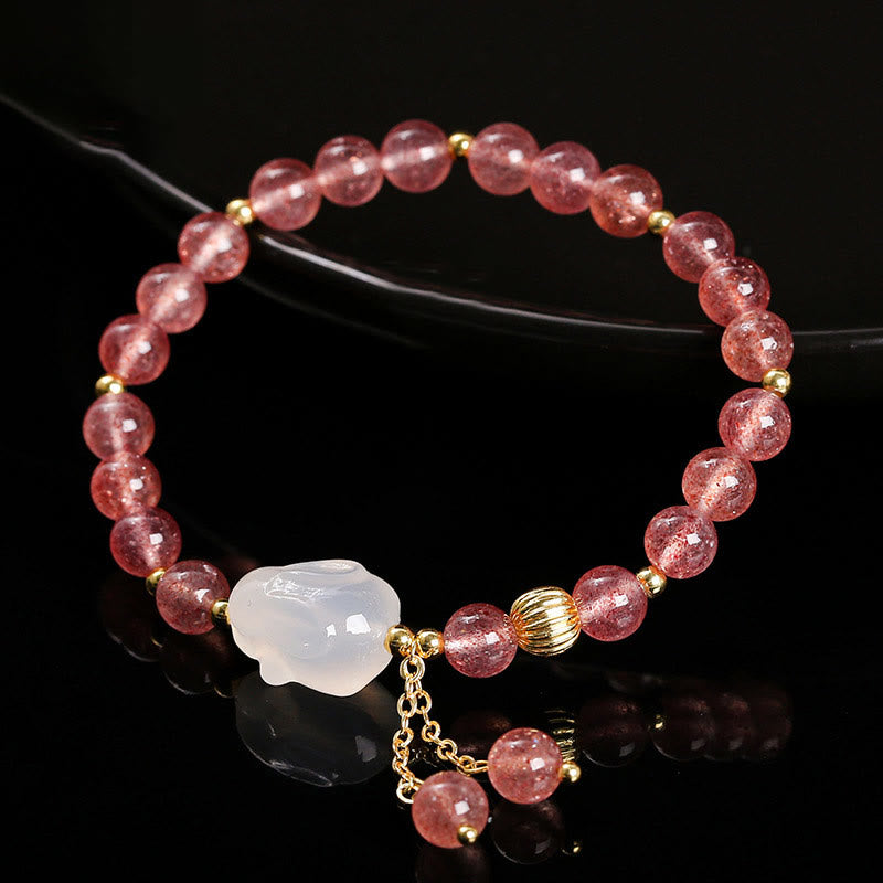 Braccialetto di guarigione naturale in quarzo fragola e agata con coniglio Buddha Stones