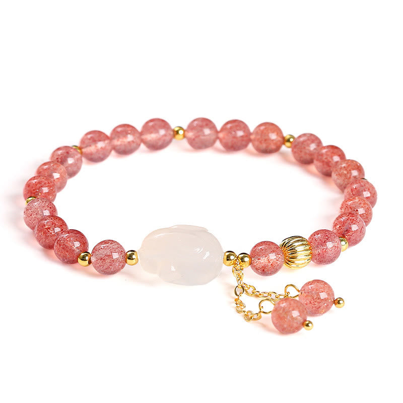 Braccialetto di guarigione naturale in quarzo fragola e agata con coniglio Buddha Stones