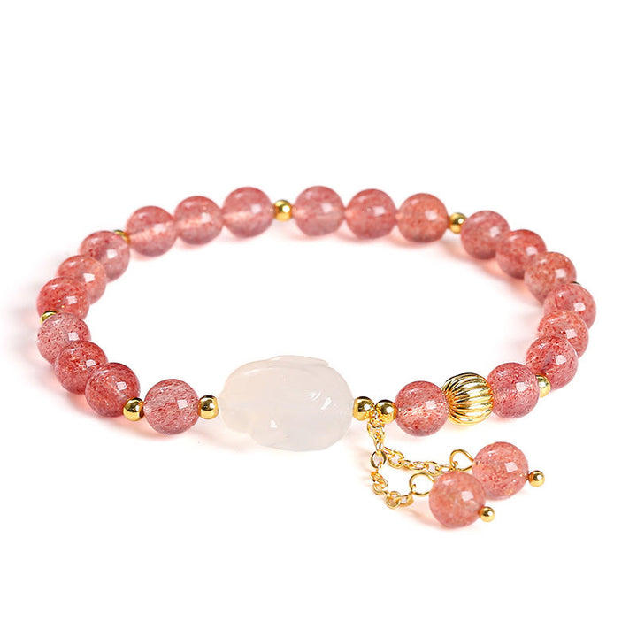 Braccialetto di guarigione naturale in quarzo fragola e agata con coniglio Buddha Stones