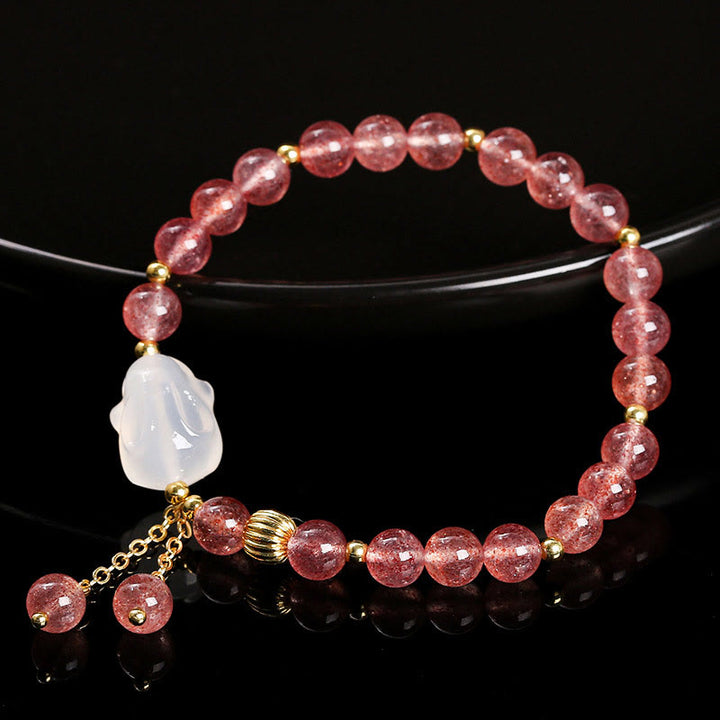 Braccialetto di guarigione naturale in quarzo fragola e agata con coniglio Buddha Stones