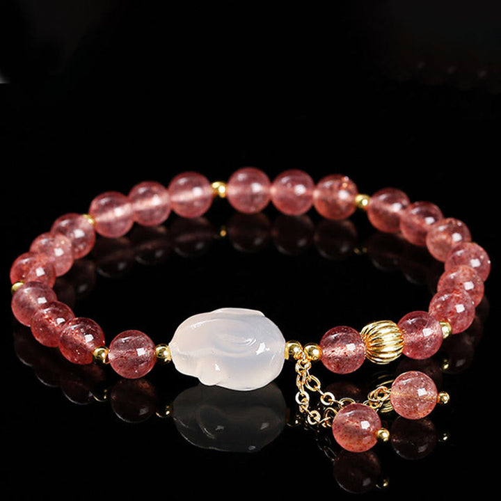 Braccialetto di guarigione naturale in quarzo fragola e agata con coniglio Buddha Stones