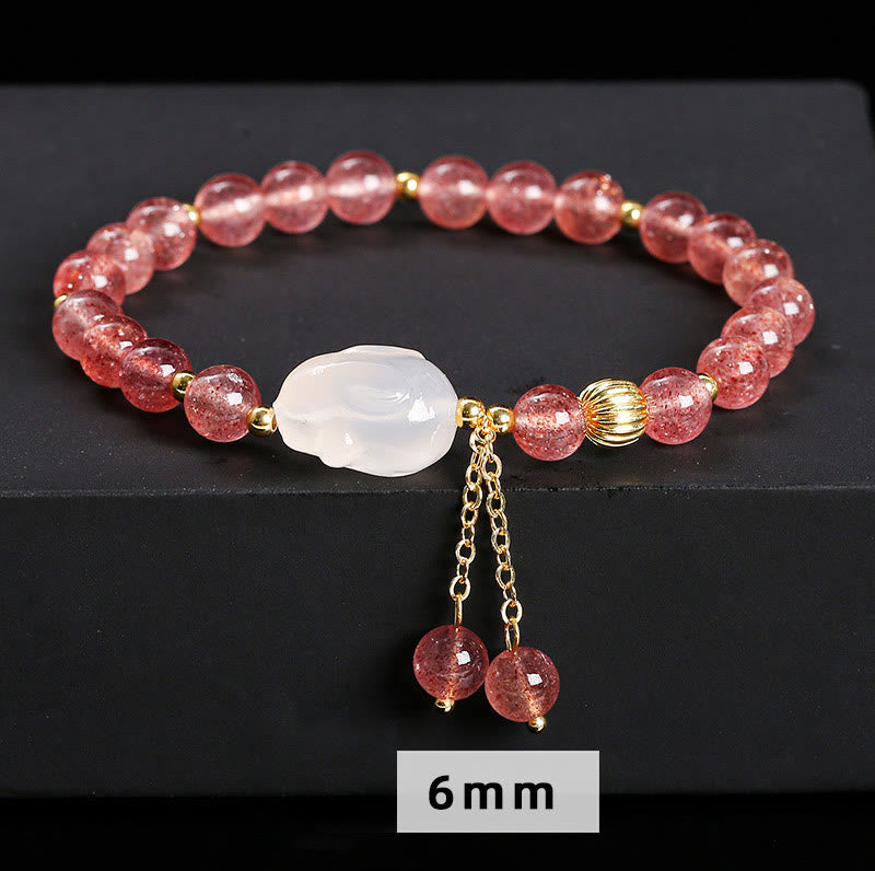 Braccialetto di guarigione naturale in quarzo fragola e agata con coniglio Buddha Stones