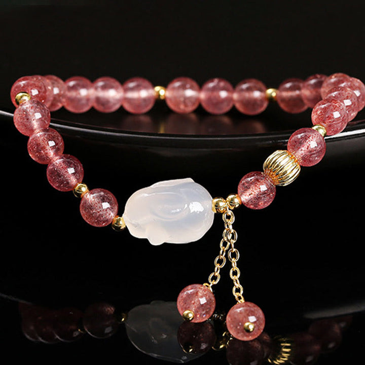 Braccialetto di guarigione naturale in quarzo fragola e agata con coniglio Buddha Stones