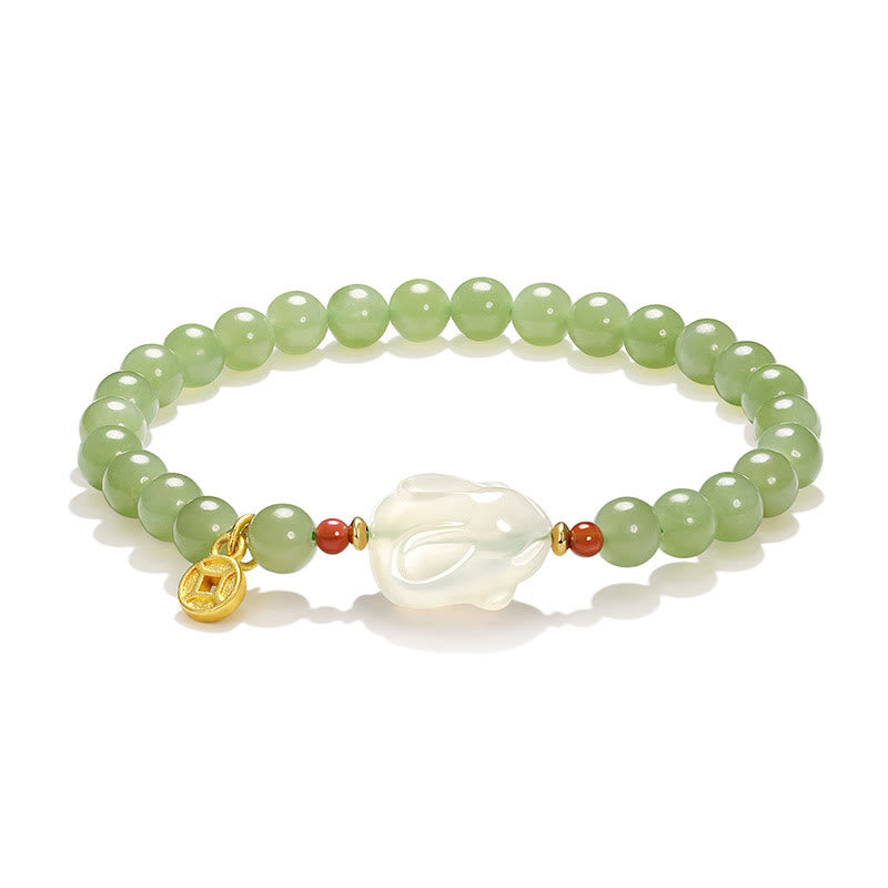 Braccialetto portafortuna con moneta di rame e coniglio in giada naturale di Hetian, agata e pietre Buddha Stones