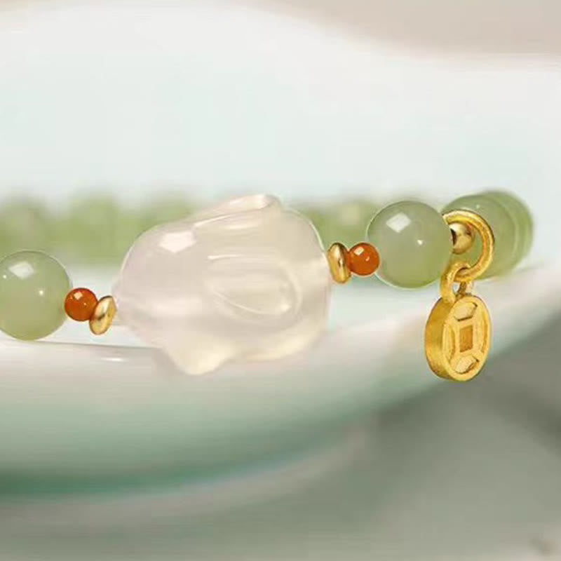 Braccialetto portafortuna con moneta di rame e coniglio in giada naturale di Hetian, agata e pietre Buddha Stones