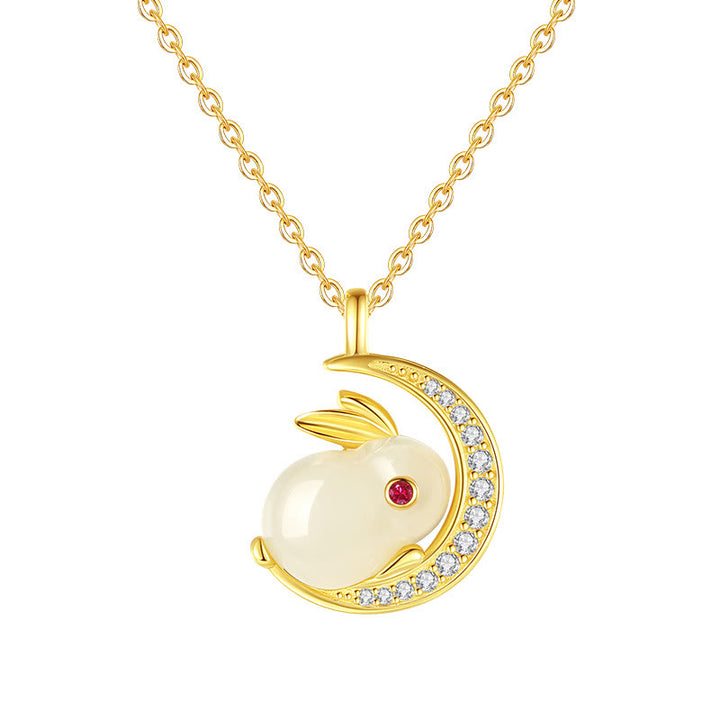 Buddha Stones 925 Sterling Silver Hetian Giada Bianca Coniglio Crescent Moon Luck Collana Pendente - image 12