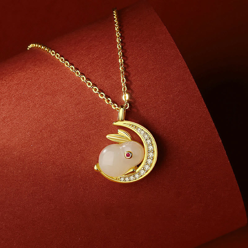 Buddha Stones 925 Sterling Silver Hetian Giada Bianca Coniglio Crescent Moon Luck Collana Pendente - image 2