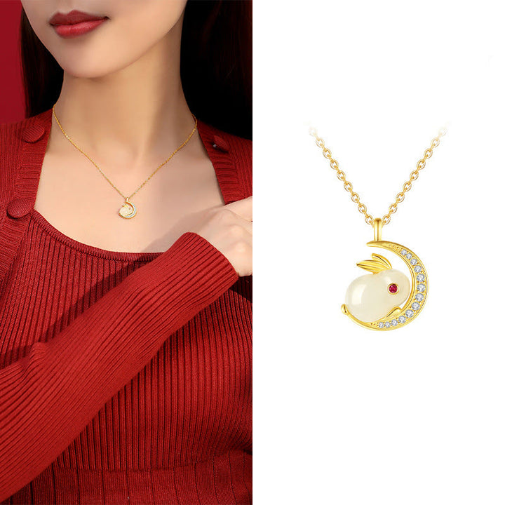 Buddha Stones 925 Sterling Silver Hetian Giada Bianca Coniglio Crescent Moon Luck Collana Pendente - image 10