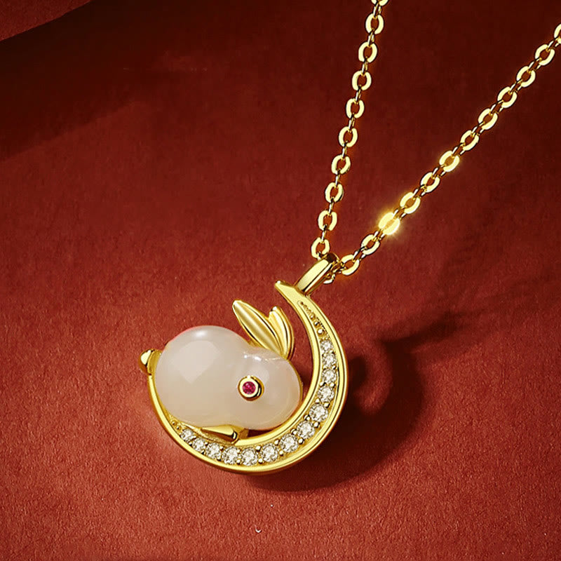 Buddha Stones 925 Sterling Silver Hetian Giada Bianca Coniglio Crescent Moon Luck Collana Pendente - image 9