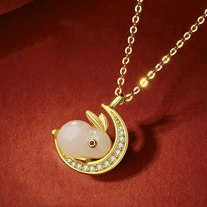 Buddha Stones 925 Sterling Silver Hetian Giada Bianca Coniglio Crescent Moon Luck Collana Pendente - image 9
