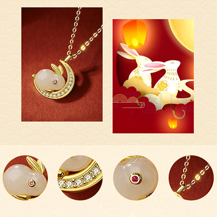 Buddha Stones 925 Sterling Silver Hetian Giada Bianca Coniglio Crescent Moon Luck Collana Pendente - image 11