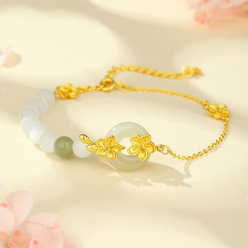 Braccialetto della fortuna con fibbia della pace in giada naturale Hetian in argento sterling 999 Buddha Stones - Oro (circonferenza del polso 14-20 cm) - image 0