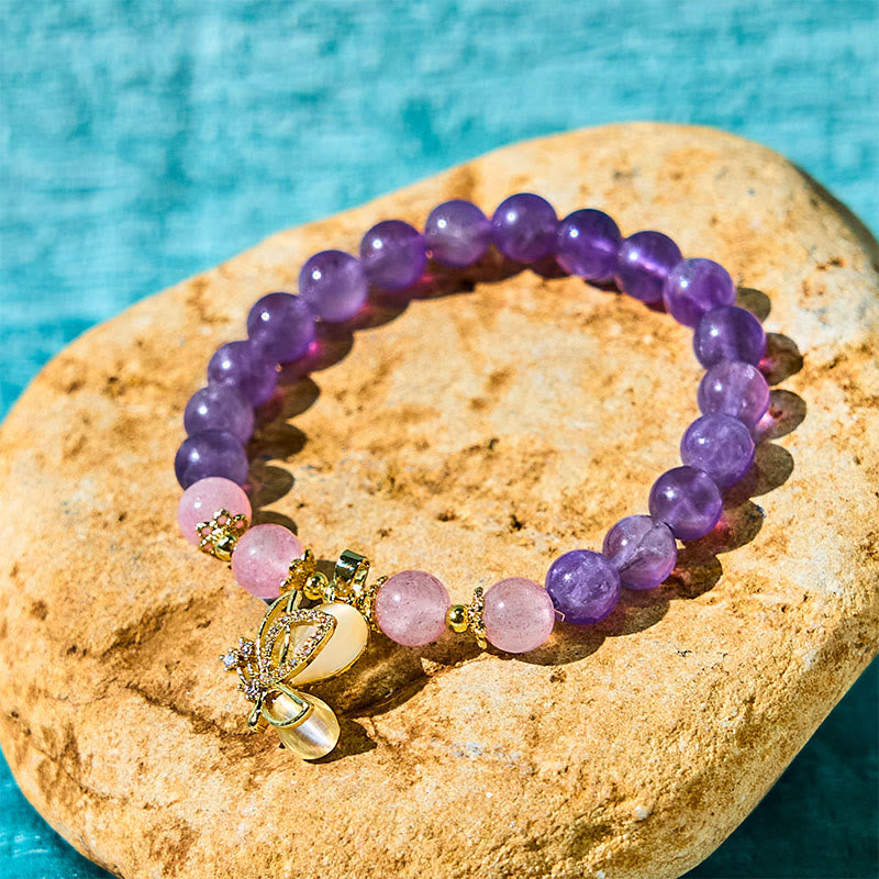 Braccialetto con ciondolo a farfalla in cristallo di quarzo fragola e ametista naturale Buddha Stones