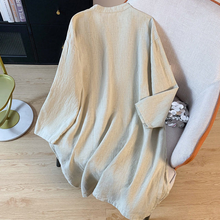 Camicia da donna a maniche lunghe con colletto alla coreana e bottoni a rana, modello casual Buddha Stones. - image 11