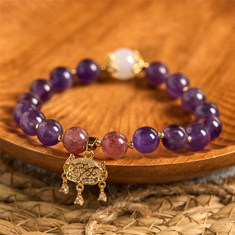 Braccialetto positivo con ciondolo a forma di lucchetto della pace, in quarzo fragola, ametista naturale , Buddha Stones
